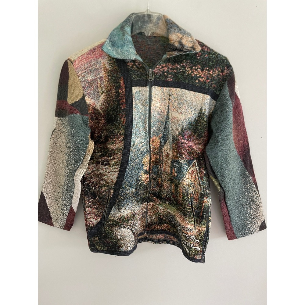 Thomas Kinkade Upcycled Tapestry Jacket Landscape Church Full Zip Men's Medium